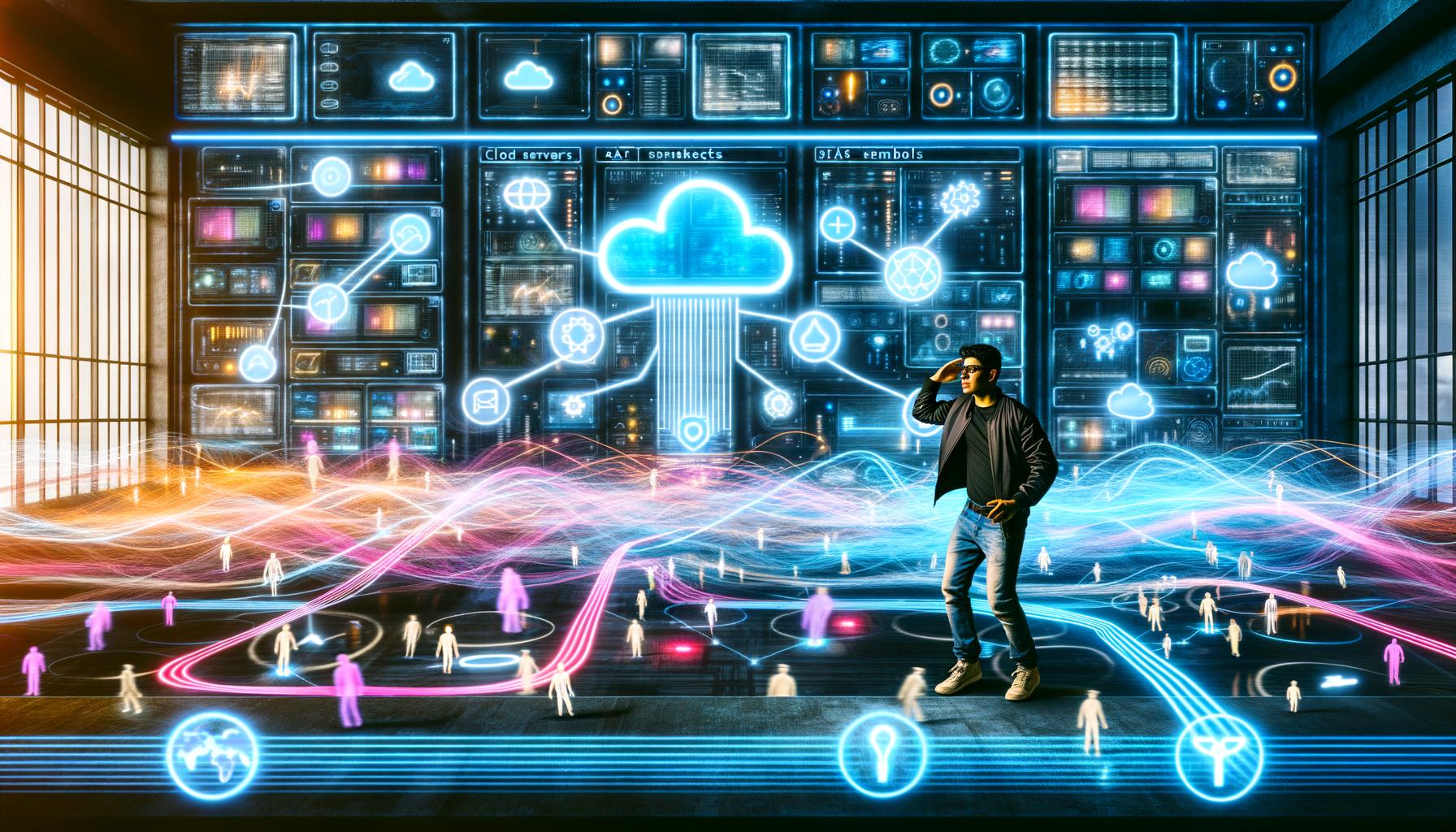 Futuristischer Kontrollraum mit transparenten Dashboards, leuchtenden Datenverbindungen und einem Architekten, der Datenquellen zwischen Cloud, IoT und Legacy-Systemen orchestriert.