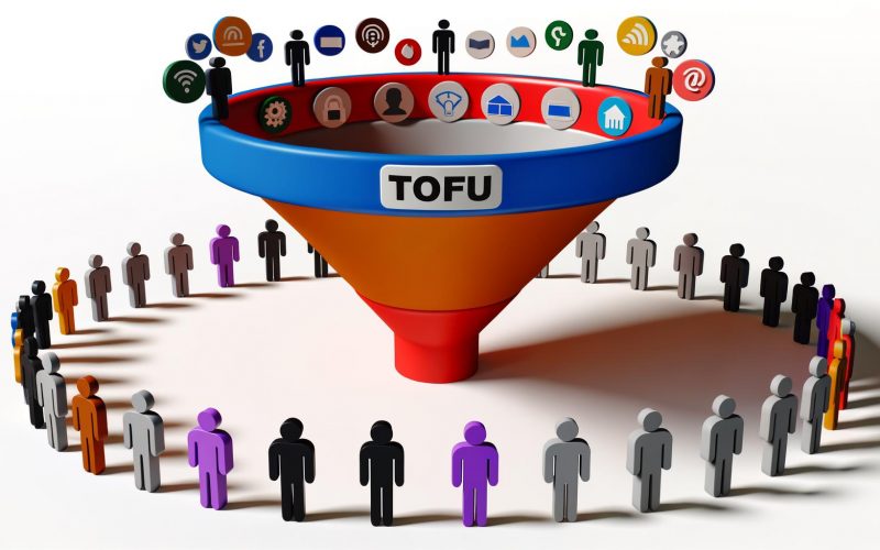 Stilisierte Marketing-Funnel-Grafik mit Social Media-, Suchmaschinen-, Podcast-, Infografik- und Blogartikel-Icons sowie Mensch-Avataren, die sich von digitalen Kanälen und Content-Vielfalt angezogen fühlen.