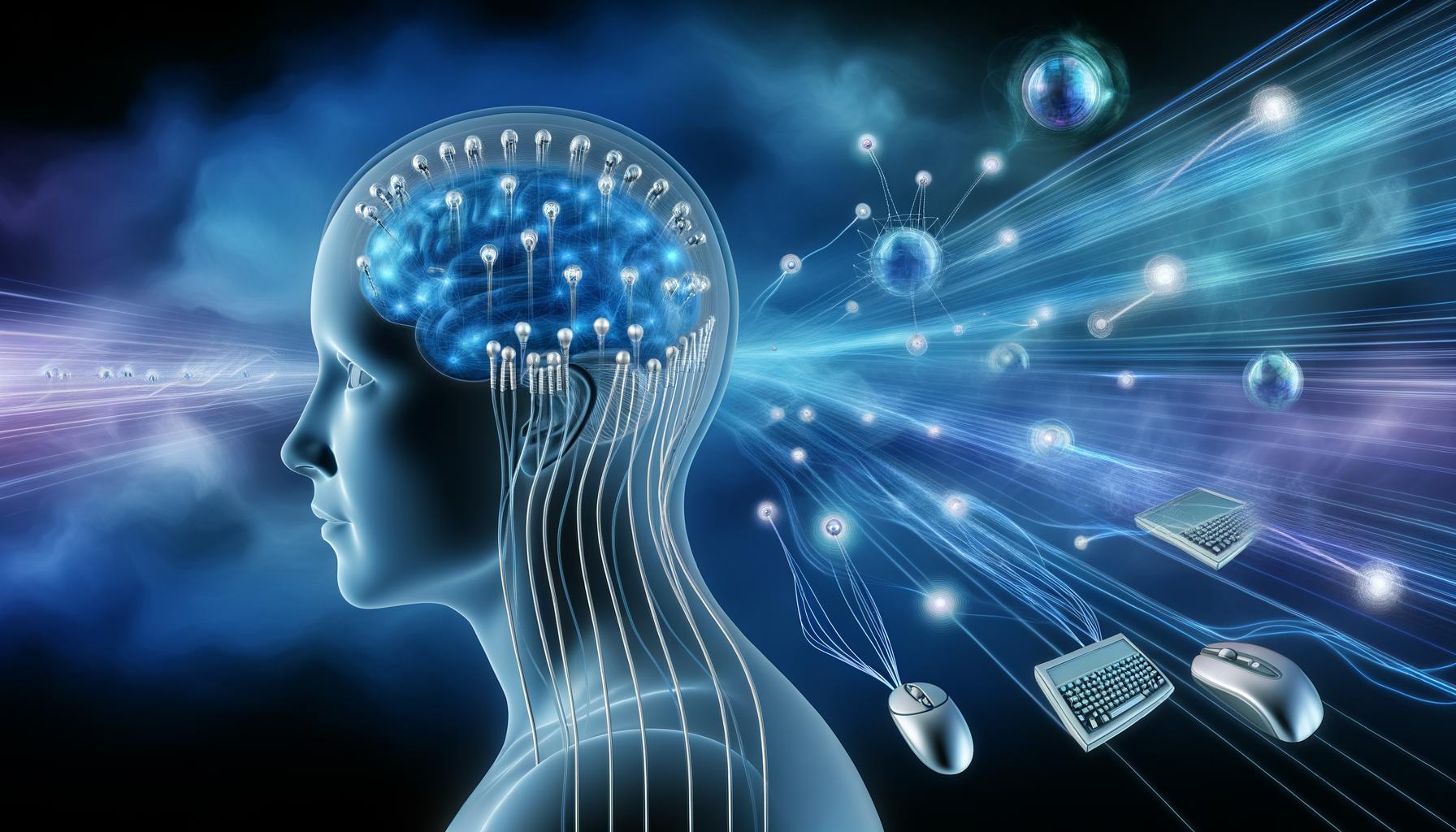Transparenter menschlicher Kopf mit digitalen Netzwerken, verbunden mit leuchtenden Datenströmen und modernen Maschinen, während traditionelle Geräte im Hintergrund verblassen.