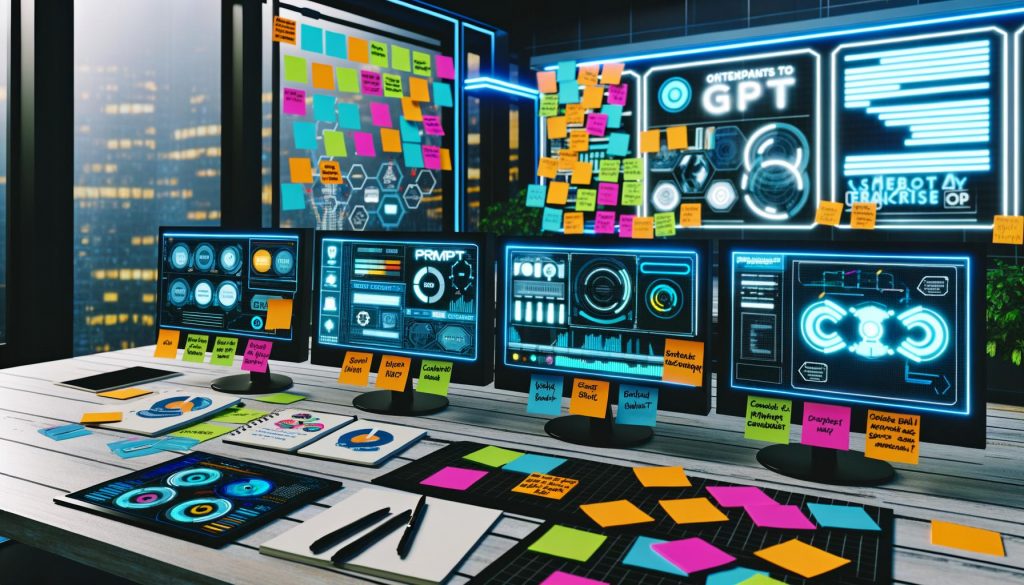 Futuristischer Arbeitsplatz eines Digital Marketers mit Monitoren, KI-Interfaces, Sticky Notes und kreativer Ideenwand