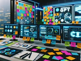 Futuristischer Arbeitsplatz eines Digital Marketers mit Monitoren, KI-Interfaces, Sticky Notes und kreativer Ideenwand