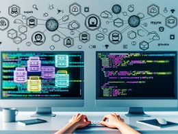 Lichtdurchfluteter Entwicklerarbeitsplatz mit großen Monitoren, Docker-Compose-Datei, mehreren Service-Icons wie Node.js, Python, MySQL, nginx, Git, Monitoring-Tools und zentralem Docker-Logo.