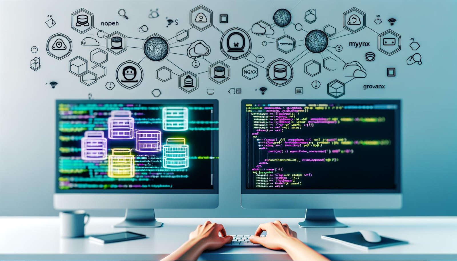 Lichtdurchfluteter Entwicklerarbeitsplatz mit großen Monitoren, Docker-Compose-Datei, mehreren Service-Icons wie Node.js, Python, MySQL, nginx, Git, Monitoring-Tools und zentralem Docker-Logo.
