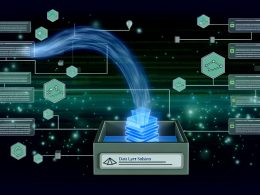 Abstrakter Datenstrom fließt von Website in Container mit Data Layer Lösung, umgeben von Symbolen für Analyse-Tools.