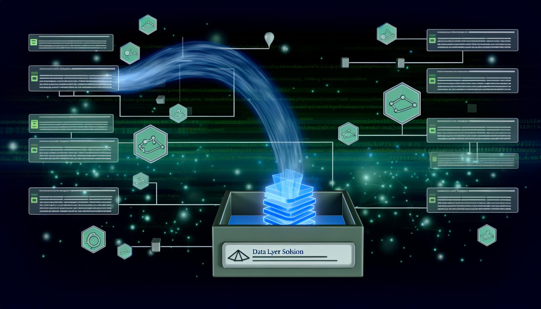 Abstrakter Datenstrom fließt von Website in Container mit Data Layer Lösung, umgeben von Symbolen für Analyse-Tools.