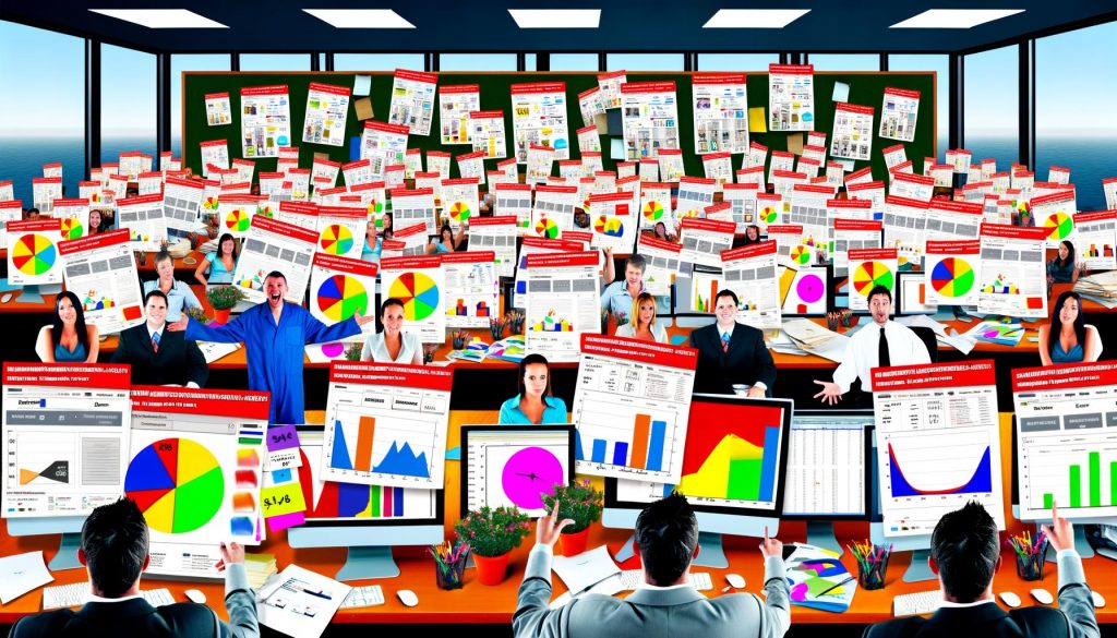 Büro mit überladenen Schreibtischen voller Dashboards, Papierstapeln mit Likes, Impressionen und Seitenaufrufen sowie Teammitglieder, die nutzlose Diagramme präsentieren. Ein Kollege im Hintergrund blickt ratlos auf eine leere Umsatzkurve.