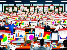 Büro mit überladenen Schreibtischen voller Dashboards, Papierstapeln mit Likes, Impressionen und Seitenaufrufen sowie Teammitglieder, die nutzlose Diagramme präsentieren. Ein Kollege im Hintergrund blickt ratlos auf eine leere Umsatzkurve.