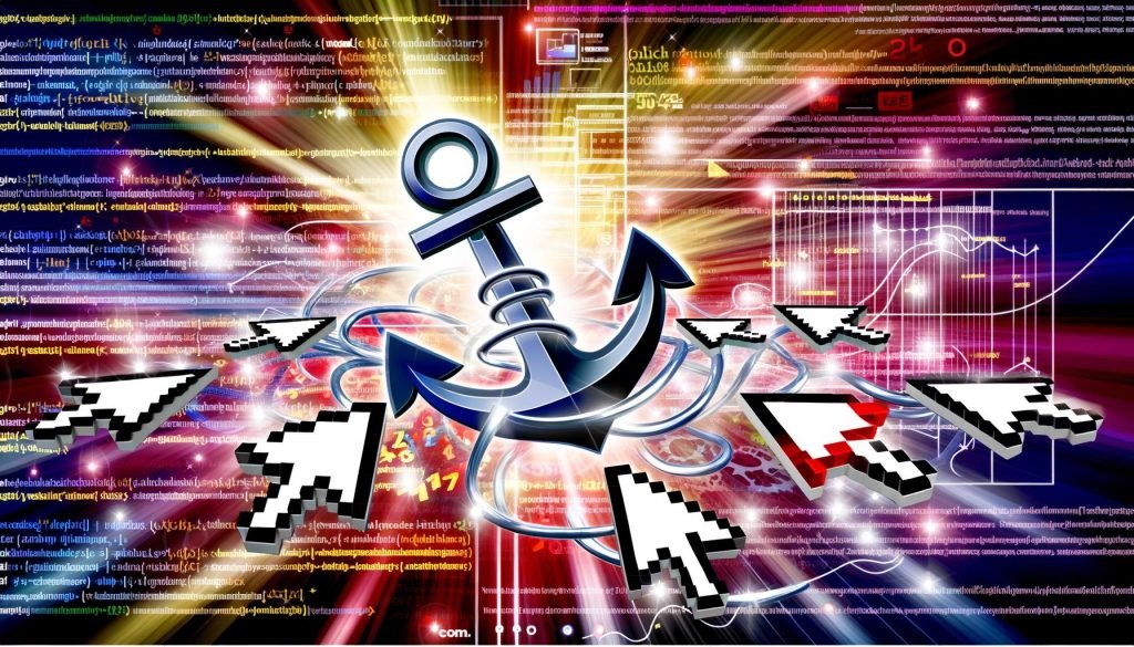 Stilisierte Nahaufnahme eines modernen Ankers, der sich zu anklickbaren Hyperlinks mit verschiedenen Ankertext-Schnipseln im digitalen Umfeld aus Code, Datenströmen und Ranking-Charts wandelt. Mehrere Cursor deuten verschiedene Linktypen an.