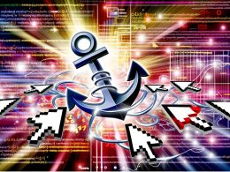 Stilisierte Nahaufnahme eines modernen Ankers, der sich zu anklickbaren Hyperlinks mit verschiedenen Ankertext-Schnipseln im digitalen Umfeld aus Code, Datenströmen und Ranking-Charts wandelt. Mehrere Cursor deuten verschiedene Linktypen an.