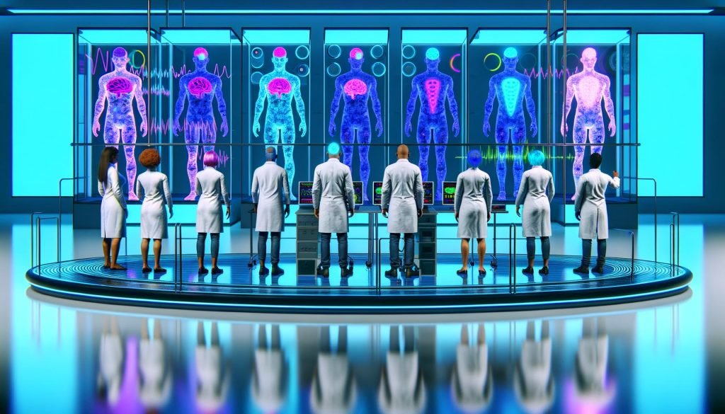 Forscher im futuristischen Labor überwachen Probanden mit sichtbaren Neural Link-Implantaten, während Brainwave- und Marketingdaten auf transparenten Displays erscheinen.