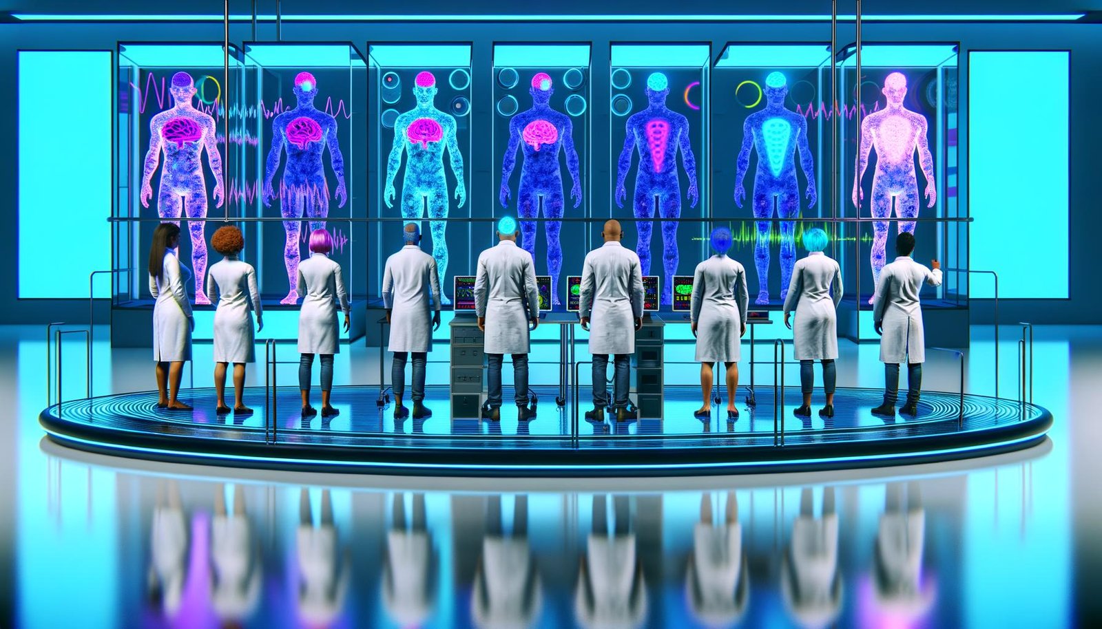 Forscher im futuristischen Labor überwachen Probanden mit sichtbaren Neural Link-Implantaten, während Brainwave- und Marketingdaten auf transparenten Displays erscheinen.