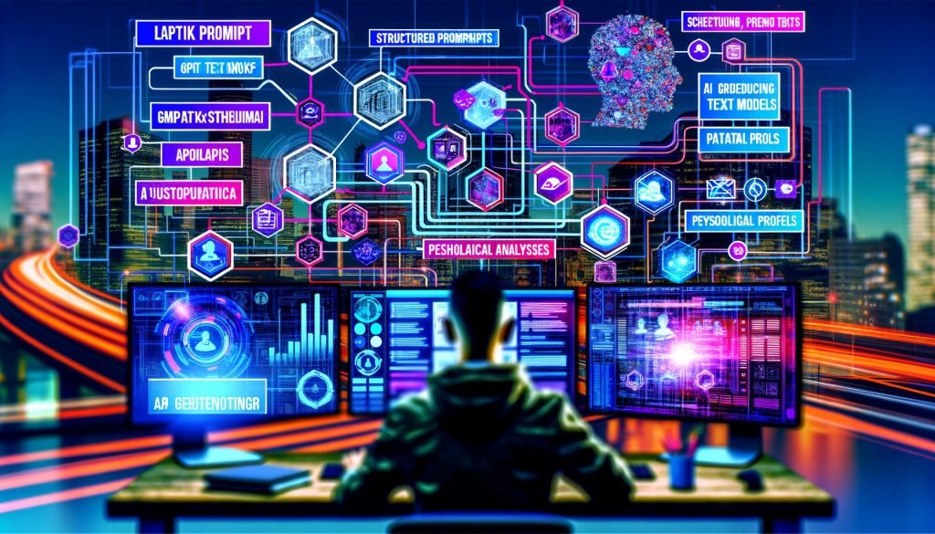 Dynamische Szene eines Social-Media-Strategen an mehreren Monitoren mit KI-Content-Generator, Social-Media-Plattformen und automatisierten Workflows in cyberpunkartiger Umgebung.