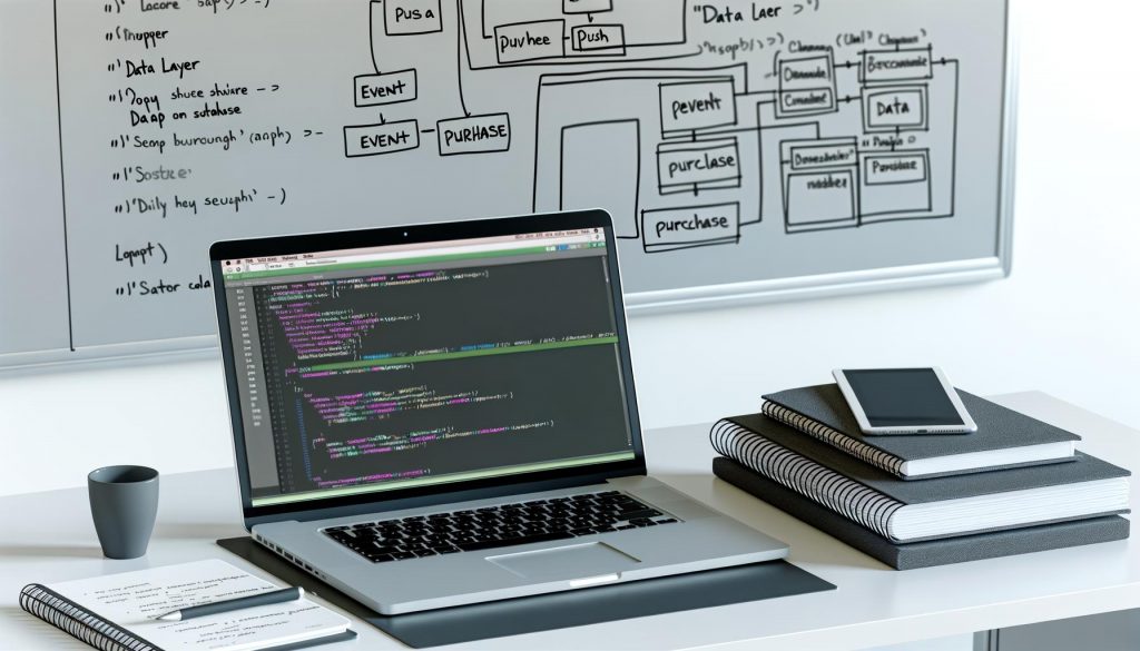 Aufgeräumter, moderner Arbeitsplatz mit offenem Laptop, sichtbarem Data Layer Push JavaScript-Code, Notizbuch mit handschriftlichen Datenmodellen und organisiertem Whiteboard für digitales Tracking.