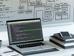Aufgeräumter, moderner Arbeitsplatz mit offenem Laptop, sichtbarem Data Layer Push JavaScript-Code, Notizbuch mit handschriftlichen Datenmodellen und organisiertem Whiteboard für digitales Tracking.