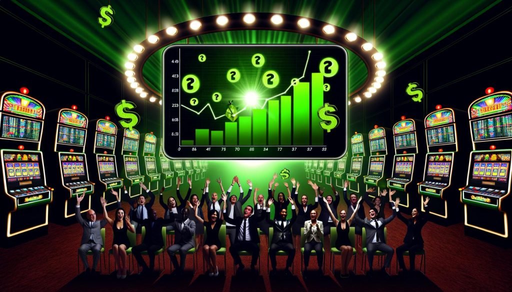 Online-Marketing-Dashboard in Casino-Atmosphäre mit grünen Lichtern, jubelnden Menschen, question mark Charts und aus Bildschirmen fliegendem Monopoly-Geld.