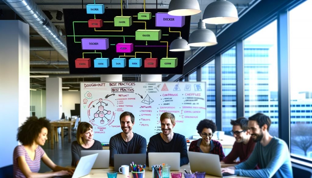 Modernes Entwicklerteam in offenem Büro, arbeitet an Laptops vor großen Bildschirmen mit Docker Diagramm, Containern, Netzwerken, Verzeichnissen und vorgestellter Build-Pipeline.