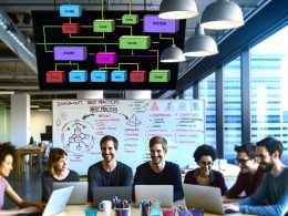 Modernes Entwicklerteam in offenem Büro, arbeitet an Laptops vor großen Bildschirmen mit Docker Diagramm, Containern, Netzwerken, Verzeichnissen und vorgestellter Build-Pipeline.