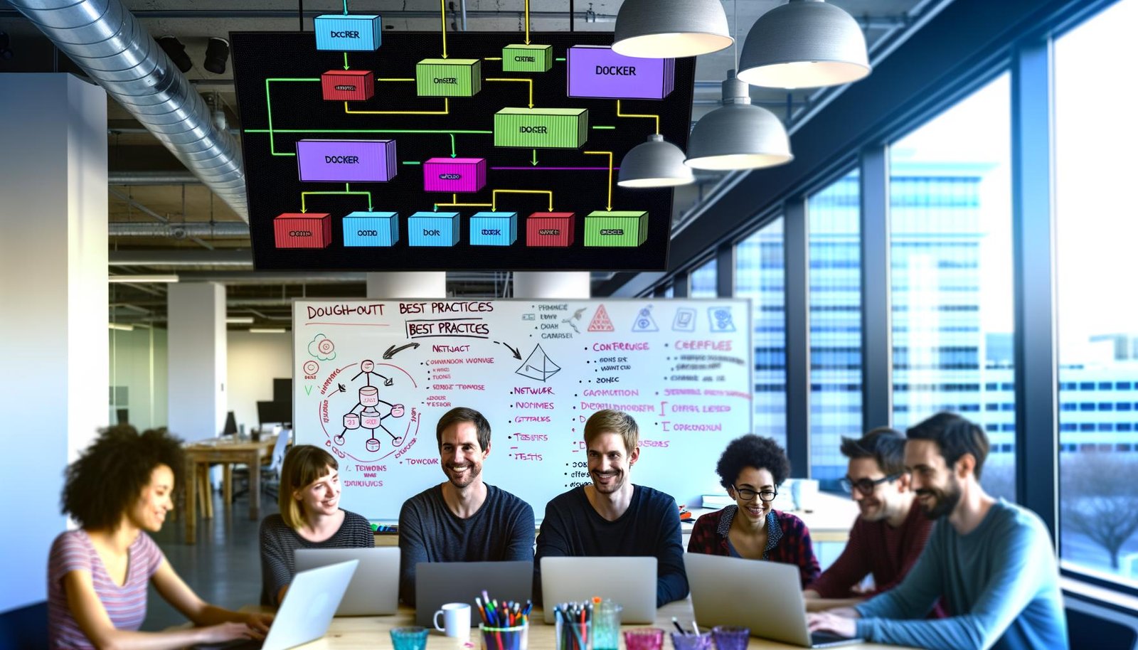 Modernes Entwicklerteam in offenem Büro, arbeitet an Laptops vor großen Bildschirmen mit Docker Diagramm, Containern, Netzwerken, Verzeichnissen und vorgestellter Build-Pipeline.