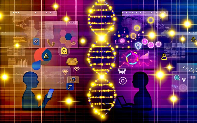 Goldener DNA-Strang aus Daten-Icons schwebt vor digitalen Überlagerungen von Webseiten und Social Media, mit leuchtenden Tracking-Pixeln und anonymisierten Menschensilhouetten im modernen Look.