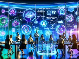 Futuristisches Marketingbüro mit holografischen KI-Elementen, API- und Datenvisualisierungen sowie KPIs auf großen transparenten Bildschirmen.