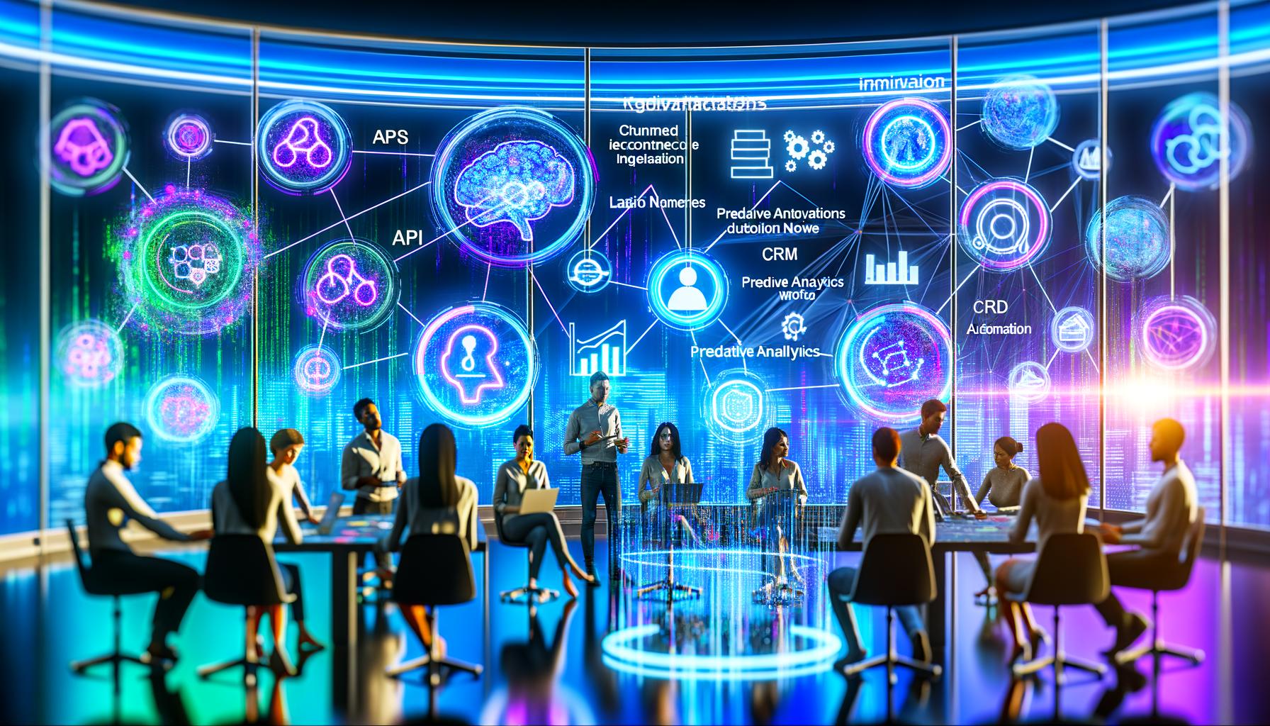 Futuristisches Marketingbüro mit holografischen KI-Elementen, API- und Datenvisualisierungen sowie KPIs auf großen transparenten Bildschirmen.