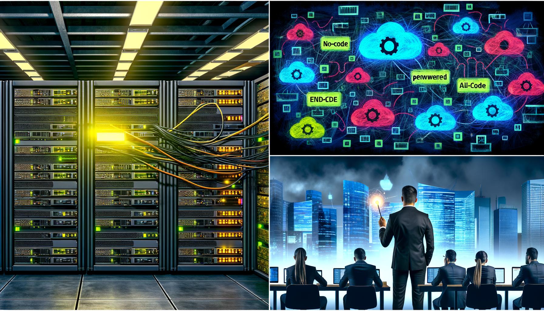 Illustrationen zeigen verschiedene Aspekte von Data Pipelines: Ein überladener Maschinenraum mit Dateningenieur, bunte Marktplatzszene mit Buzzwords, Kontrollraum-Vergleich von Tools, strukturierte Pipeline-Architektur, Roadmap für Pipeline-Aufbau, Monitoring- und Security-Szenen, sowie Panoramabild einer Stadt im Datenzeitalter.