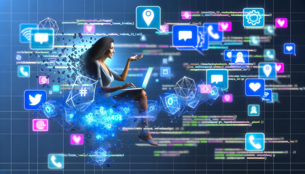 Eine Person arbeitet an einem modernen Laptop im Zentrum eines futuristischen Social-Media-Newsfeeds, umgeben von stilisierten GPT-Symbolen, Content-Posts, Hashtag-Icons, Plattform-Logos und Codefragmenten.