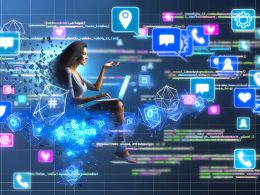 Eine Person arbeitet an einem modernen Laptop im Zentrum eines futuristischen Social-Media-Newsfeeds, umgeben von stilisierten GPT-Symbolen, Content-Posts, Hashtag-Icons, Plattform-Logos und Codefragmenten.