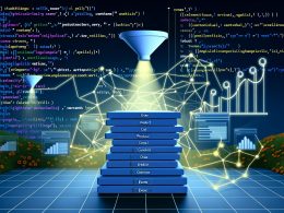Illustration eines modernen Website-Dashboards in Dunkelmodus mit strukturiertem Datenlayer, JavaScript-Auszügen und Analyse-Charts, die geordnete Datenverarbeitung im digitalen Marketing zeigen.