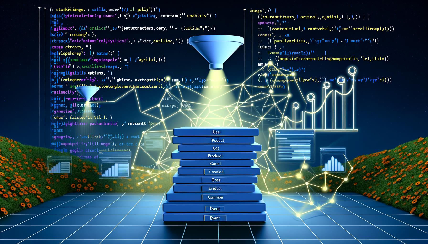 Illustration eines modernen Website-Dashboards in Dunkelmodus mit strukturiertem Datenlayer, JavaScript-Auszügen und Analyse-Charts, die geordnete Datenverarbeitung im digitalen Marketing zeigen.