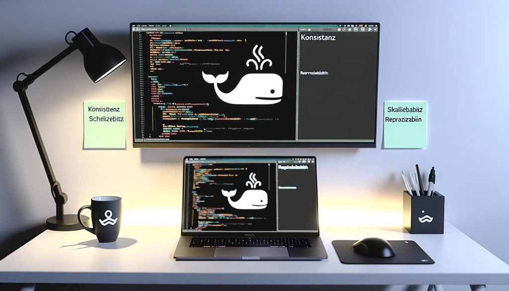 Moderner Schreibtisch mit Dual-Monitoren, auf denen Code und das Docker-Logo sichtbar sind, digitale Notizzettel und stilvolle Entwicklerdeko.