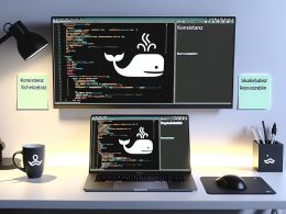 Moderner Schreibtisch mit Dual-Monitoren, auf denen Code und das Docker-Logo sichtbar sind, digitale Notizzettel und stilvolle Entwicklerdeko.
