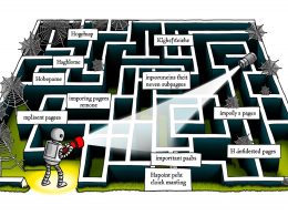 Illustration einer verschachtelten Website-Struktur mit hell erleuchteter Homepage, immer dunkler werdenden Unterseiten und dem Googlebot mit Taschenlampe, der tiefliegende und vernachlässigte Seiten in einem Webseiten-Labyrinth findet.