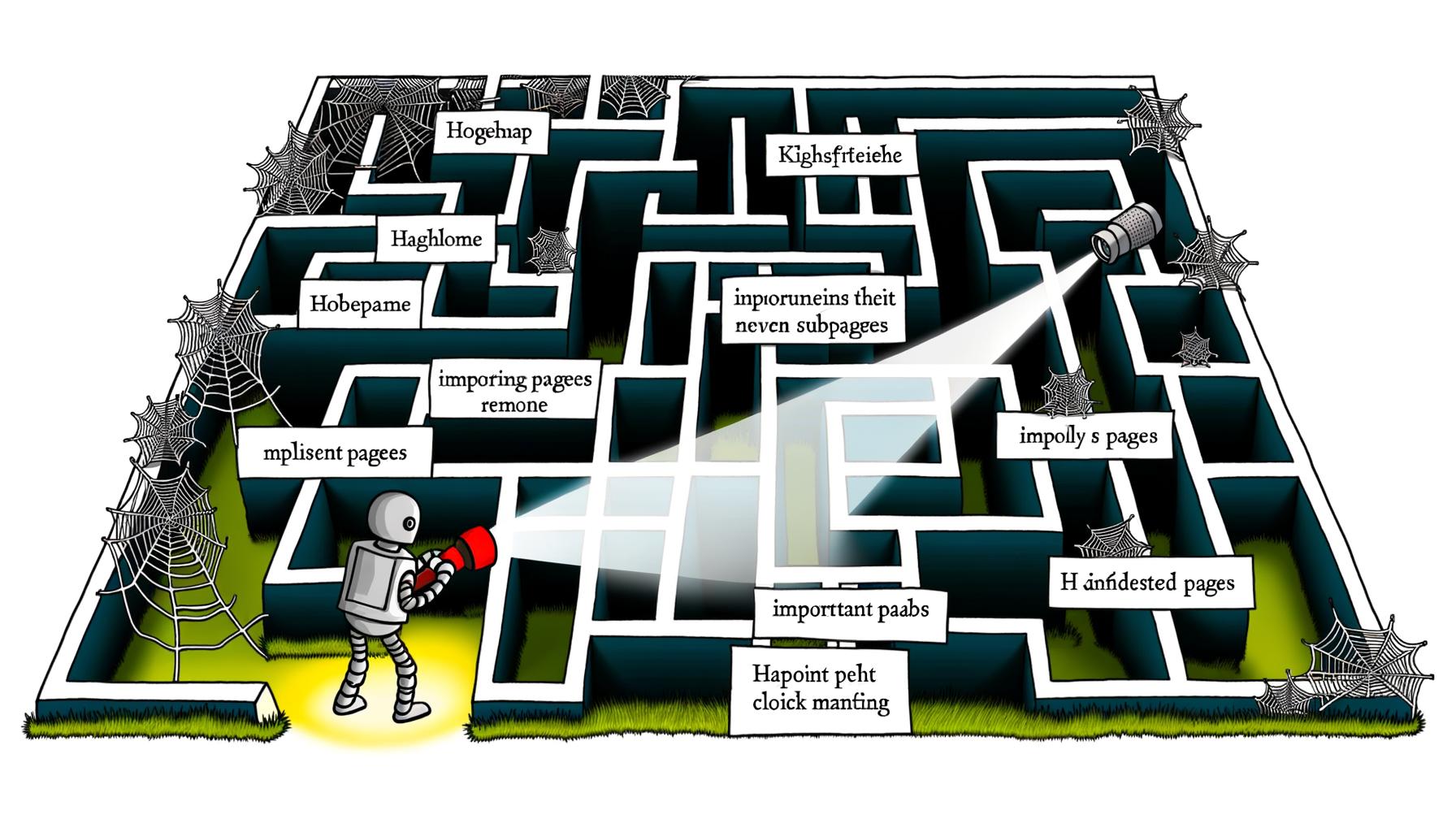Illustration einer verschachtelten Website-Struktur mit hell erleuchteter Homepage, immer dunkler werdenden Unterseiten und dem Googlebot mit Taschenlampe, der tiefliegende und vernachlässigte Seiten in einem Webseiten-Labyrinth findet.