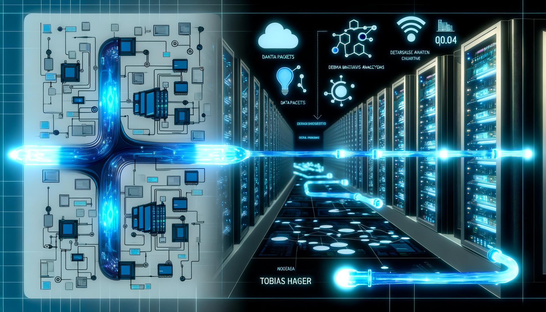Stilisierte, leuchtende Data Pipeline transportiert Datenpakete durch abstrakte Module, im Hintergrund Serverracks, Datenquellen und moderne Infografiken, farblich in kühlen Blautönen mit Neon-Highlights.