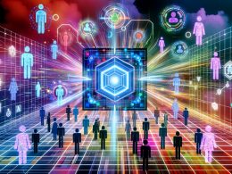 Futuristischer Netzwerkraum mit Menschen, Avataren, KI-Symbolen und einem zentralen leuchtenden GPT-Würfel, alles verbunden durch leuchtende Linien in cyberpunkartiger Farbgebung