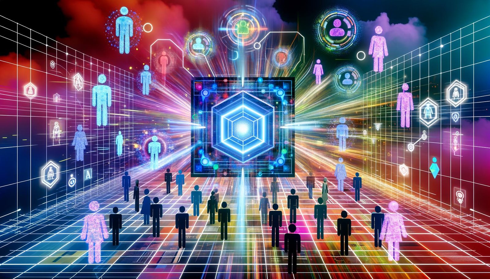 Futuristischer Netzwerkraum mit Menschen, Avataren, KI-Symbolen und einem zentralen leuchtenden GPT-Würfel, alles verbunden durch leuchtende Linien in cyberpunkartiger Farbgebung