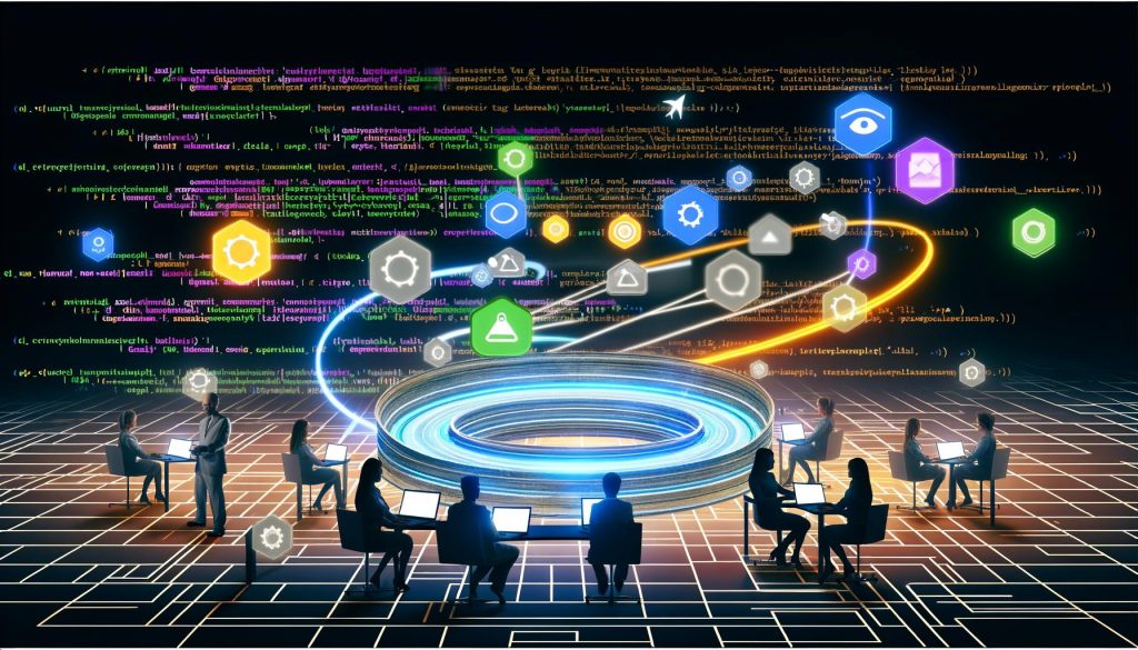 Dynamische Illustration einer Marketingagentur mit Data Layer-Interface, Entwicklern, Marketern, verschiedenen Tag-Manager-Logos und geordneten Datenströmen vor futuristischem Hintergrund.