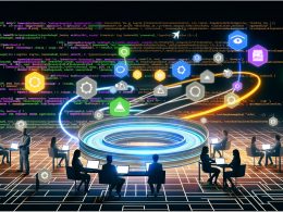 Dynamische Illustration einer Marketingagentur mit Data Layer-Interface, Entwicklern, Marketern, verschiedenen Tag-Manager-Logos und geordneten Datenströmen vor futuristischem Hintergrund.