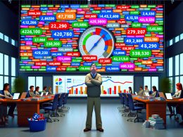 Wütender Marketer im modernen Großraumbüro vor überladenem Marketing-Dashboard mit nutzlosen Zahlen und leerer Kasse