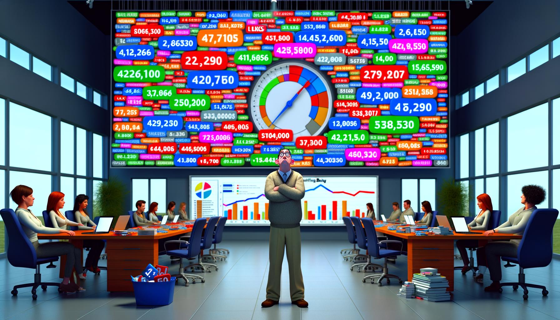 Wütender Marketer im modernen Großraumbüro vor überladenem Marketing-Dashboard mit nutzlosen Zahlen und leerer Kasse