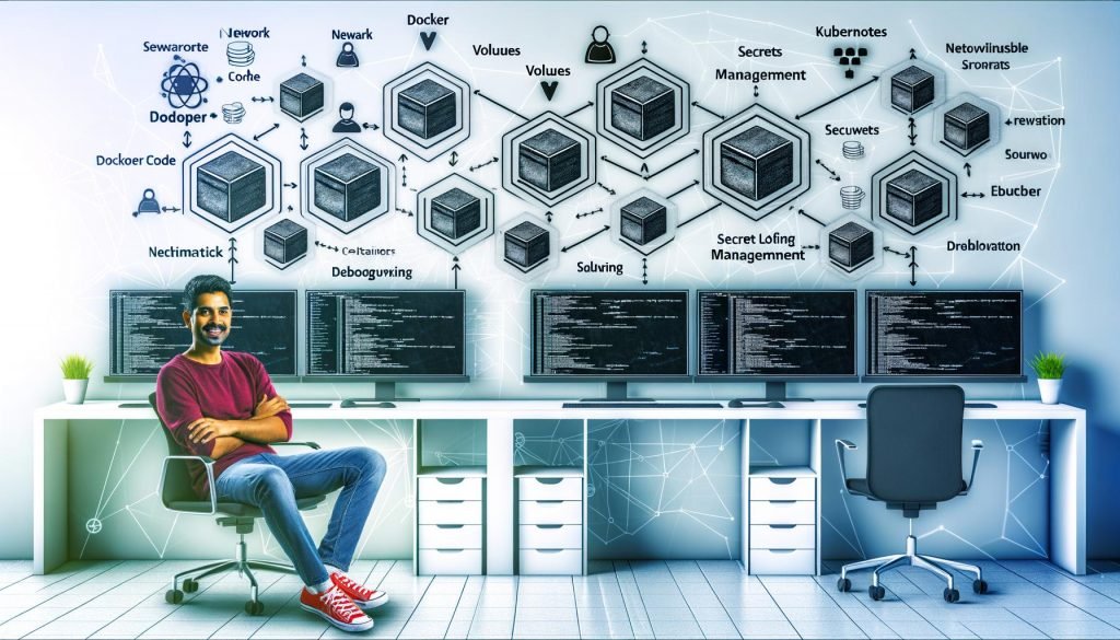 Illustration eines modernen Entwickler-Arbeitsplatzes mit mehreren Bildschirmen, Docker, Kubernetes, VS Code und DevOps-Tools, umgeben von Schaubildern und Container-Icons in einem hellen, aufgeräumten Umfeld.