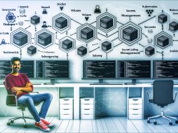 Illustration eines modernen Entwickler-Arbeitsplatzes mit mehreren Bildschirmen, Docker, Kubernetes, VS Code und DevOps-Tools, umgeben von Schaubildern und Container-Icons in einem hellen, aufgeräumten Umfeld.