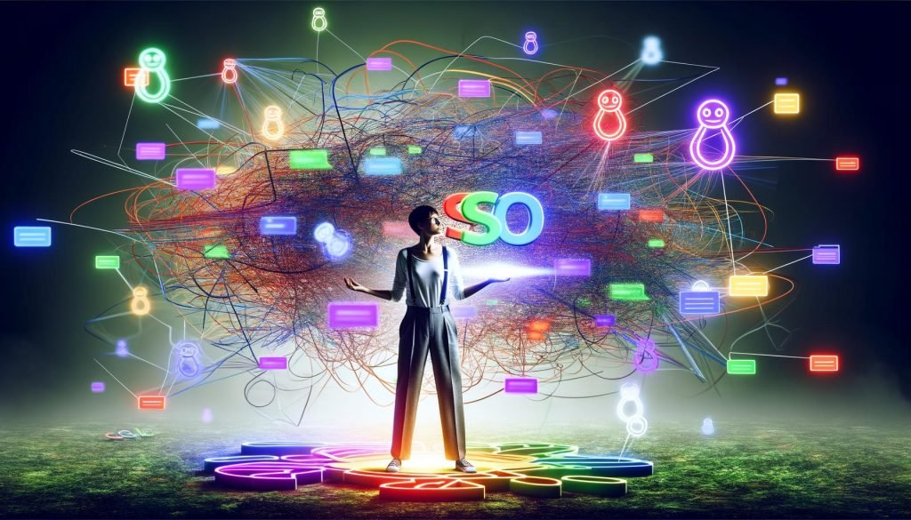 Technischer Architekt im SEO-Dschungel mit strukturierter Sitemap, umgeben von Datenströmen, Content-Chaos, Google-Bots und Keyword-Wolken.