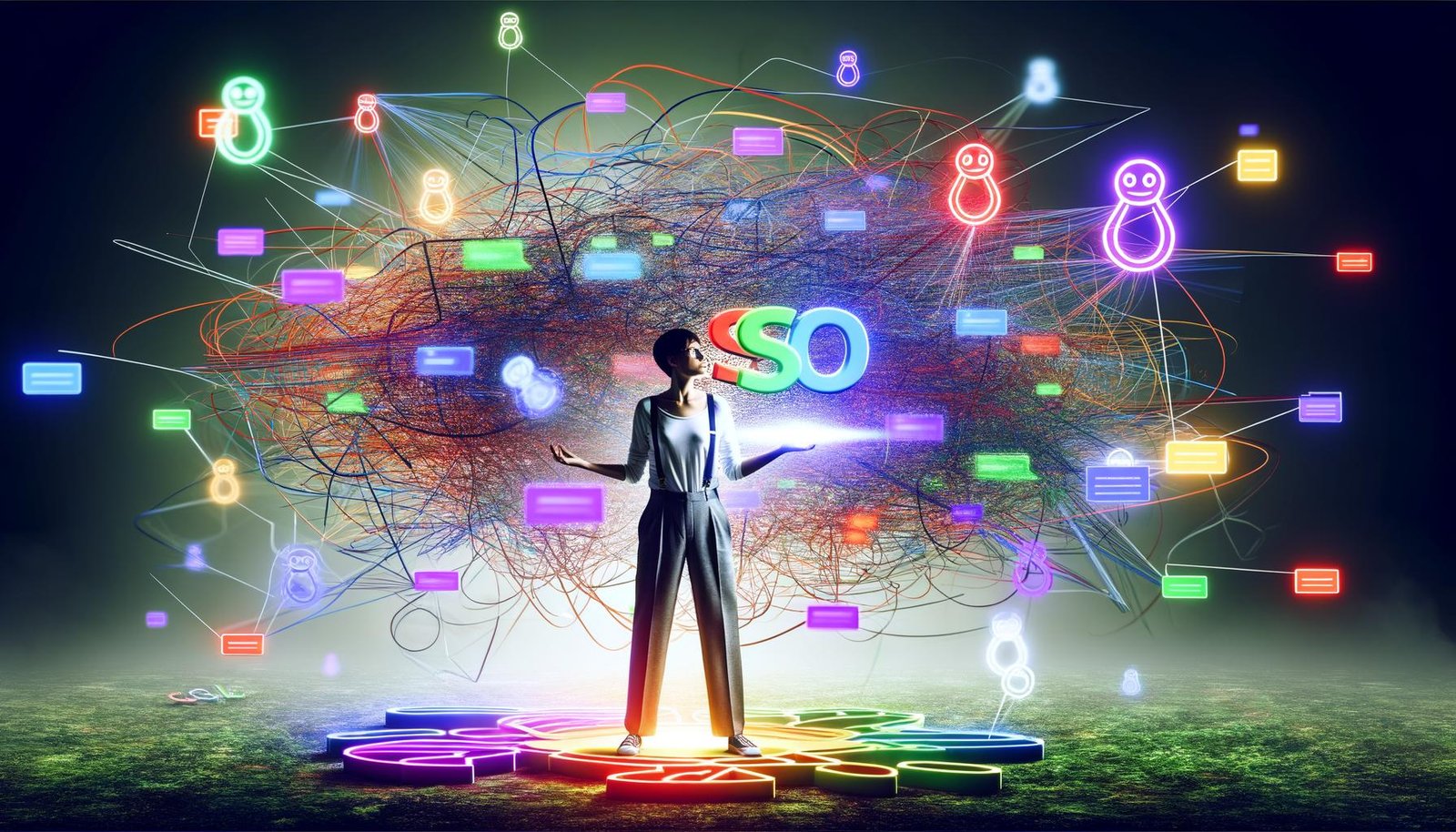 Technischer Architekt im SEO-Dschungel mit strukturierter Sitemap, umgeben von Datenströmen, Content-Chaos, Google-Bots und Keyword-Wolken.