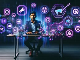 Marketing-Experte an Schreibtisch, umgeben von leuchtenden Dashboards, Datenströmen und Marketing-Symbolen in High-Tech-Umgebung