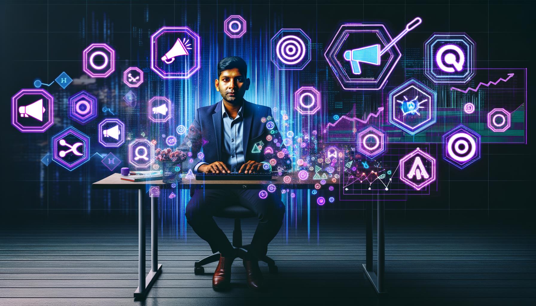 Marketing-Experte an Schreibtisch, umgeben von leuchtenden Dashboards, Datenströmen und Marketing-Symbolen in High-Tech-Umgebung