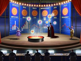 Surrealer Büro-Zirkus mit Marketing-Dashboards, Magiern und Clowns, die bunte KPI-Symbole jonglieren, und einem gelangweilten Manager vor nutzlosen Grafiken.