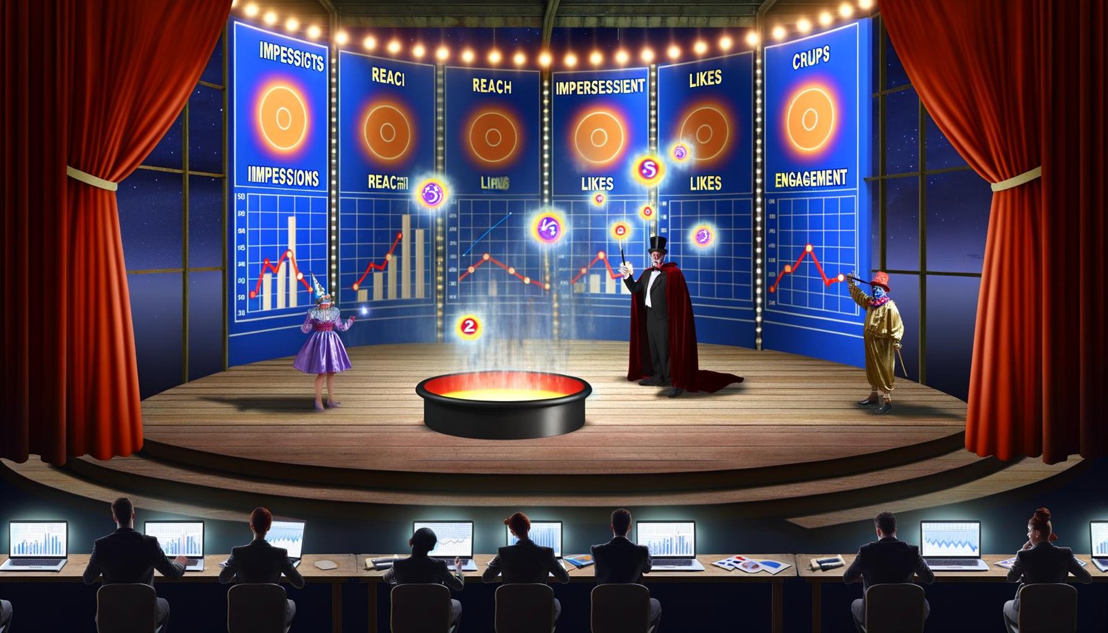 Surrealer Büro-Zirkus mit Marketing-Dashboards, Magiern und Clowns, die bunte KPI-Symbole jonglieren, und einem gelangweilten Manager vor nutzlosen Grafiken.