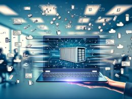 Editorial-Headerbild zeigt einen schicken Laptop mit Docker-Diagramm, schwebende Container-Symbole und Codeschnipsel, im Hintergrund ein agiles Entwicklerteam im modernen Büro mit Architektur-Whiteboard.